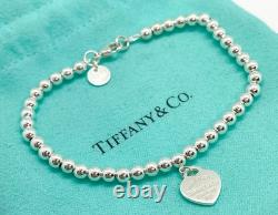 Tiffany & Co. Return To Mini Blue Enamel Heart Silver Bead Bracelet 6.5