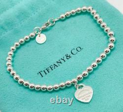 Tiffany & Co. Return To Mini Blue Enamel Heart Silver Bead Bracelet 6.5