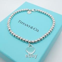 Tiffany & Co. Return To Sterling Silver Blue Enamel Heart Tag Bead Bracelet 7.5