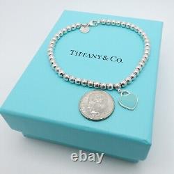 Tiffany & Co. Return To Sterling Silver Blue Enamel Heart Tag Bead Bracelet 7.5