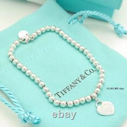 Tiffany & Co. Return to Blue Enamel Heart Tag Bead Chain Bracelet 6.8 withPouch