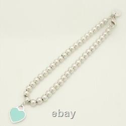 Tiffany & Co. Return to Blue Enamel Heart Tag Bead Chain Bracelet 6.8 withPouch