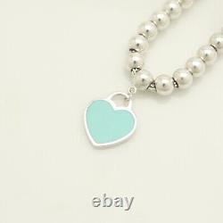 Tiffany & Co. Return to Blue Enamel Heart Tag Bead Chain Bracelet 6.8 withPouch