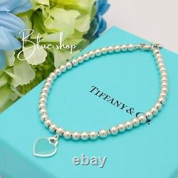 Tiffany & Co. Return to Blue Enamel Heart Tag Bead Chain Bracelet 7.6 Silver