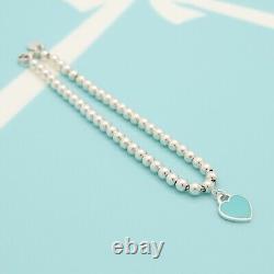 Tiffany & Co. Return to Blue Enamel Heart Tag Bead Chain Bracelet 7.6 Silver