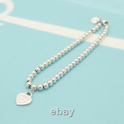 Tiffany & Co. Return to Blue Enamel Heart Tag Bead Chain Bracelet 7.6 Silver