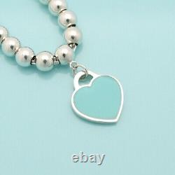 Tiffany & Co. Return to Blue Enamel Heart Tag Bead Chain Bracelet 7.6 Silver