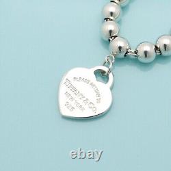 Tiffany & Co. Return to Blue Enamel Heart Tag Bead Chain Bracelet 7.6 Silver