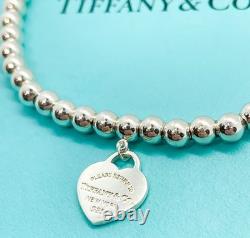 Tiffany & Co. Return to Tiffany Blue Enamel Mini Heart 4mm Bead Bracelet 6.75
