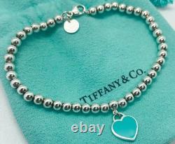 Tiffany & Co. Return to Tiffany Blue Enamel Mini Heart 4mm Bead Bracelet 7.5