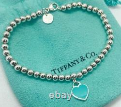 Tiffany & Co. Return to Tiffany Blue Enamel Mini Heart 4mm Bead Bracelet 7.5