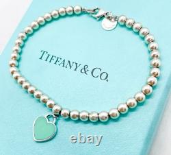 Tiffany & Co. Return to Tiffany Blue Enamel Mini Heart Bead Bracelet 6.5 with Box