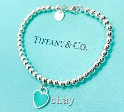 Tiffany & Co. Return to Tiffany Blue Enamel Mini Heart Bead Bracelet 6.5 with Box