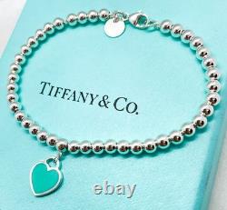 Tiffany & Co. Return to Tiffany Blue Enamel Mini Heart Bead Bracelet 6.5 with Box