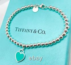 Tiffany & Co. Return to Tiffany Blue Enamel Mini Heart Bead Bracelet 6.5 with Box