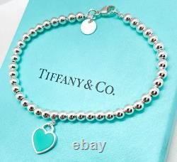 Tiffany & Co. Return to Tiffany Blue Enamel Mini Heart Bead Bracelet 6.5 with Box