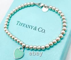 Tiffany & Co. Return to Tiffany Blue Enamel Mini Heart Bead Bracelet 6.5 with Box