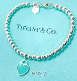 Tiffany & Co. Return to Tiffany Blue Enamel Mini Heart Bead Bracelet 6.5 with Box