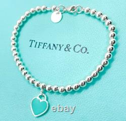 Tiffany & Co. Return to Tiffany Blue Enamel Mini Heart Bead Bracelet 6.5 with Box