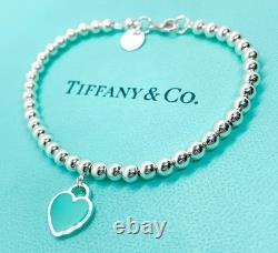 Tiffany & Co. Return to Tiffany Blue Enamel Mini Heart Bead Bracelet 6.5 with Box