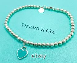 Tiffany & Co. Return to Tiffany Blue Enamel Mini Heart Bead Bracelet 7.5 with Box
