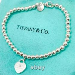 Tiffany & Co. Return to Tiffany Diamond Blue Enamel Heart Bead Bracelet 6.75