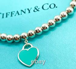 Tiffany & Co Return to Tiffany Mini Blue Enamel Heart Bead Bracelet Silver 6.25