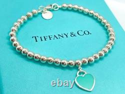 Tiffany & Co Return to Tiffany Mini Blue Enamel Heart Bead Bracelet Silver 6.25