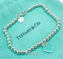 Tiffany & Co. Return to Tiffany Mini Blue Enamel Heart Tag Bead Bracelet 6.5