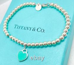 Tiffany & Co. Return to Tiffany Mini Blue Enamel Heart Tag Bead Bracelet 6.75