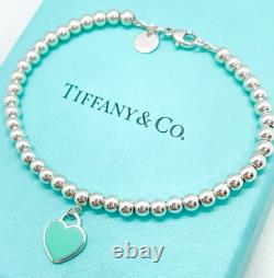 Tiffany & Co. Return to Tiffany Mini Blue Enamel Heart Tag Bead Bracelet 6.75