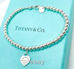 Tiffany & Co. Return to Tiffany Mini Blue Enamel Heart Tag Bead Bracelet 6.75
