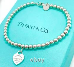 Tiffany & Co. Return to Tiffany Mini Blue Enamel Heart Tag Bead Bracelet 6.75