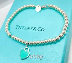 Tiffany & Co. Return to Tiffany Mini Blue Enamel Heart Tag Bead Bracelet 6.75