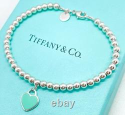Tiffany & Co. Return to Tiffany Mini Blue Enamel Heart Tag Bead Bracelet 6.75