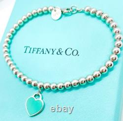 Tiffany & Co. Return to Tiffany Mini Blue Enamel Heart Tag Bead Bracelet 6.75