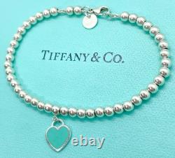 Tiffany & Co. Return to Tiffany Mini Blue Enamel Heart Tag Bead Bracelet 6.75