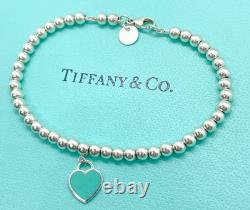 Tiffany & Co. Return to Tiffany Mini Blue Enamel Heart Tag Bead Bracelet 6.75