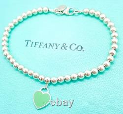 Tiffany & Co. Return to Tiffany Mini Blue Enamel Heart Tag Bead Bracelet 6.75