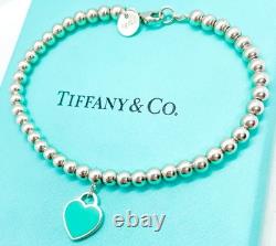 Tiffany & Co. Return to Tiffany Mini Blue Enamel Heart Tag Bead Bracelet 6.75