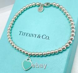 Tiffany & Co. Return to Tiffany Mini Blue Enamel Heart Tag Bead Bracelet 7.25
