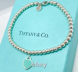 Tiffany & Co. Return to Tiffany Mini Blue Enamel Heart Tag Bead Bracelet 7.25