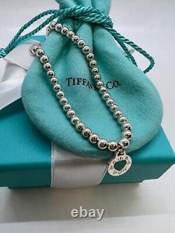 Tiffany &Co Round RTT Blue Enamel Heart Charm Bracelet Sterling Silver 925