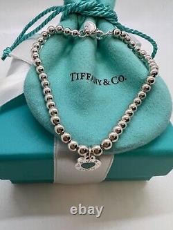Tiffany &Co Round RTT Blue Enamel Heart Charm Bracelet Sterling Silver 925