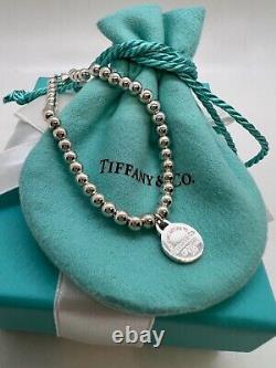 Tiffany &Co Round RTT Blue Enamel Heart Charm Bracelet Sterling Silver 925