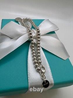 Tiffany &Co Round RTT Blue Enamel Heart Charm Bracelet Sterling Silver 925