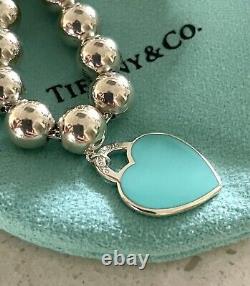 Tiffany Co Silver 925 Blue Enamel Heart Tag Charm Bead Ball Bracelet Fits Up6.5