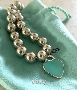 Tiffany Co Silver 925 Blue Enamel Heart Tag Charm Bead Ball Bracelet Fits Up6.5