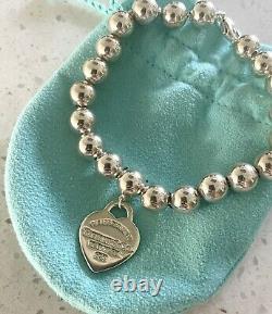 Tiffany Co Silver 925 Blue Enamel Heart Tag Charm Bead Ball Bracelet Fits Up6.5