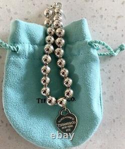 Tiffany Co Silver 925 Blue Enamel Heart Tag Charm Bead Ball Bracelet Fits Up6.5